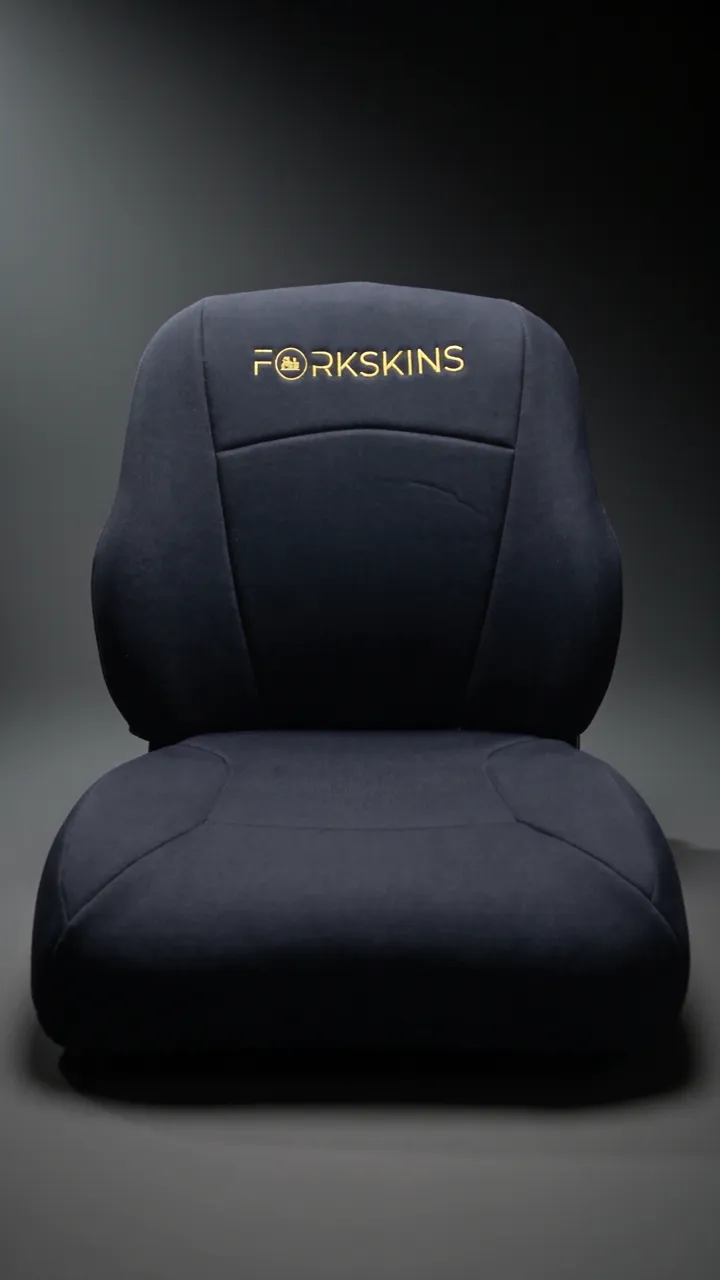 Seat fitted with the black ForkSkins cover and yellow embroidered logo