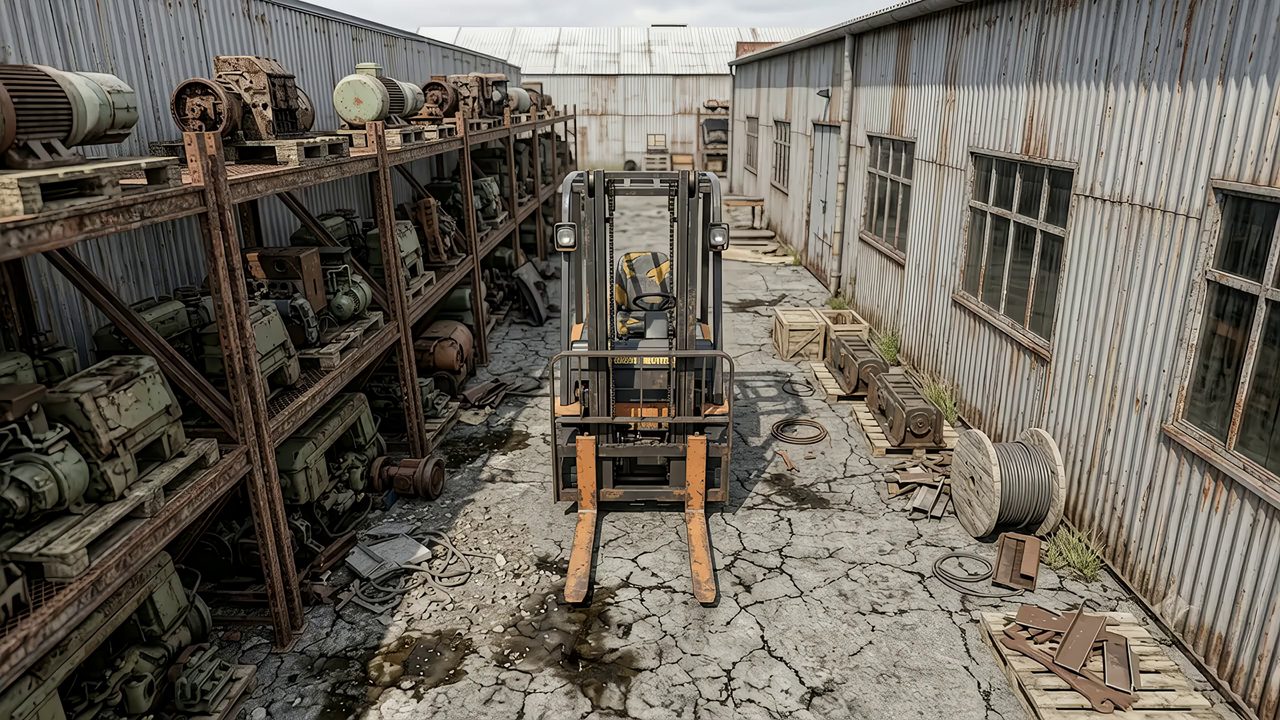 A hard-worked forklift with a worn operator seat in an equipment yard